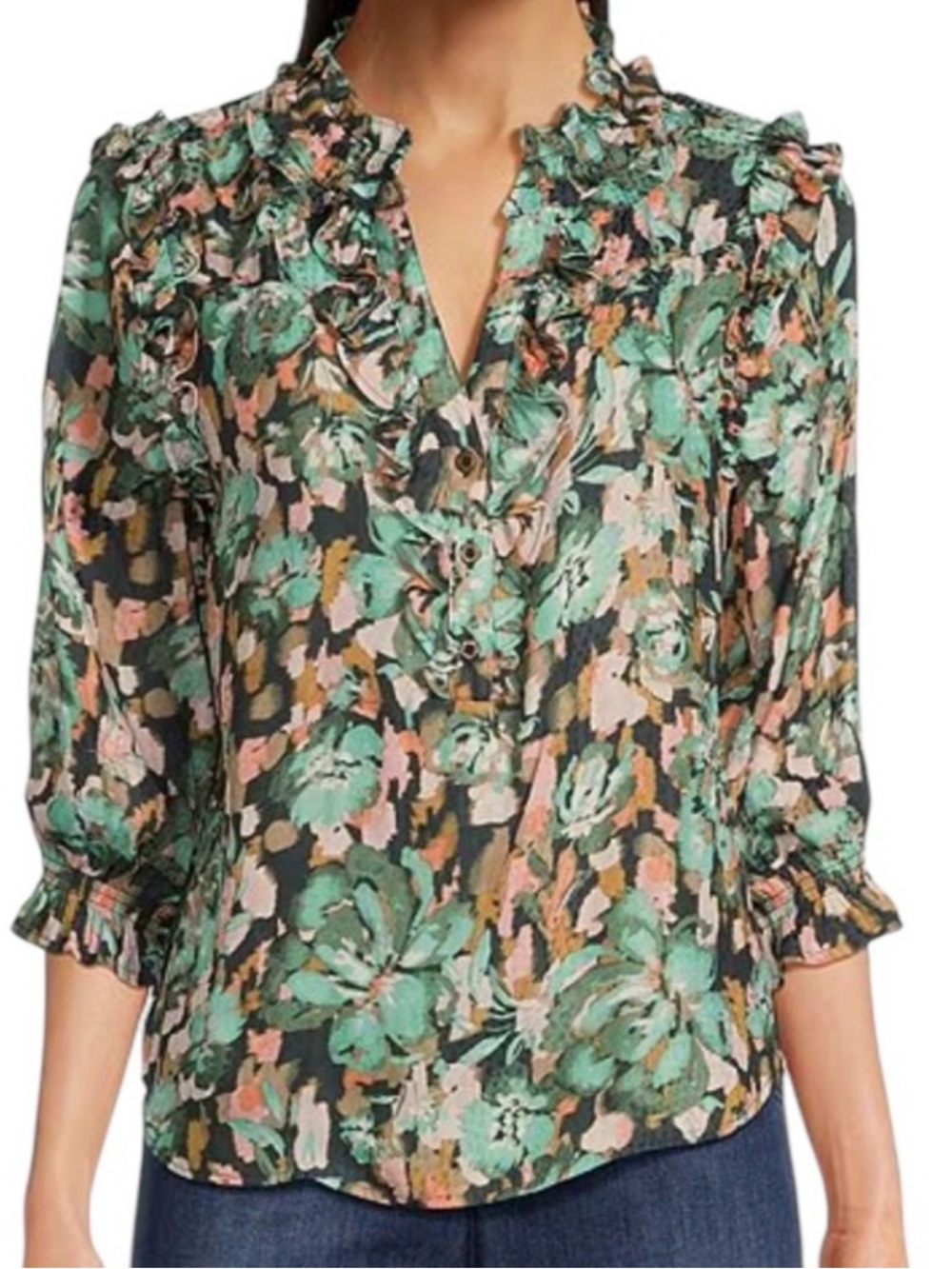 Democracy Floral Ruffle V-Neck Blouse S